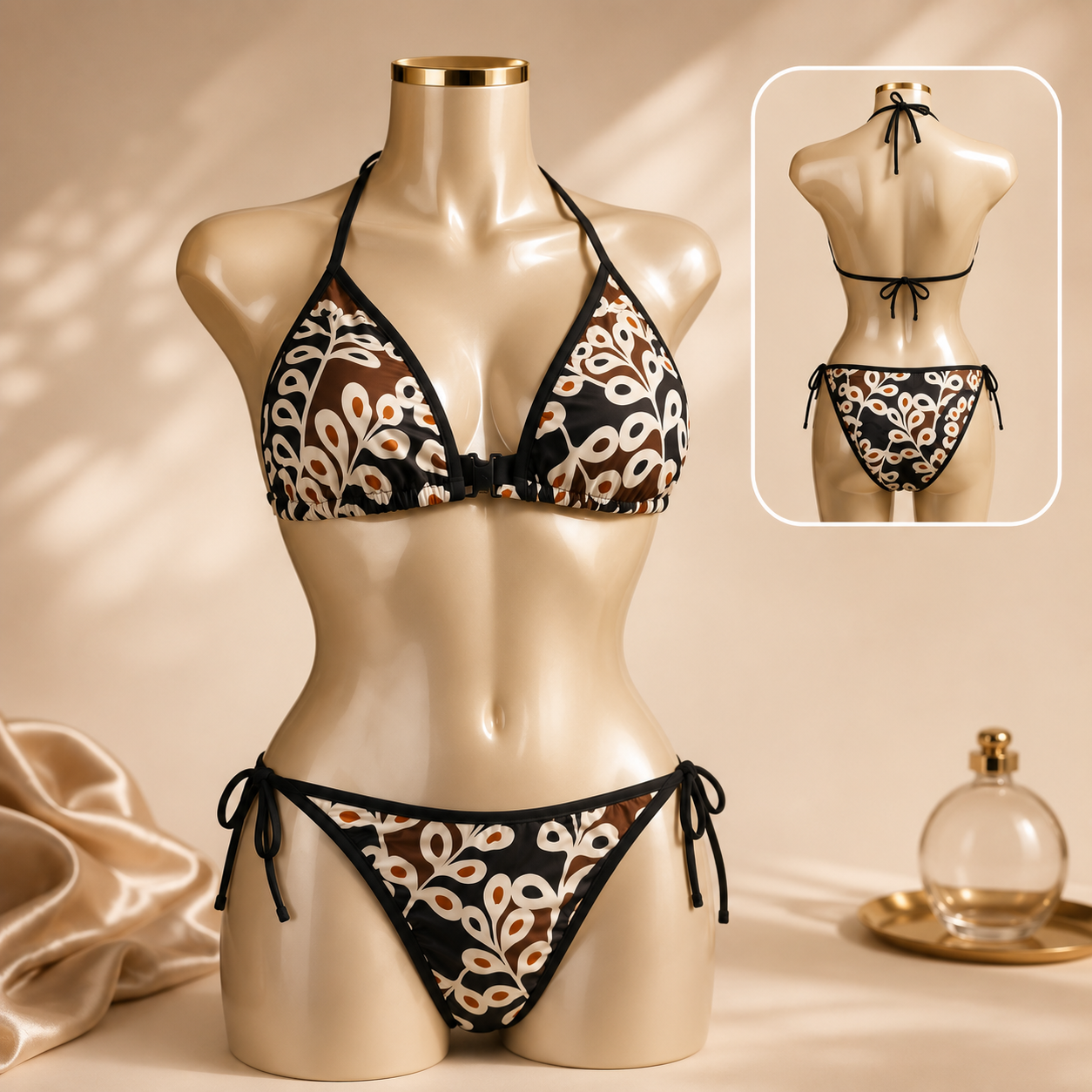 مایو بیکینی دوتیکه گره ای طرح شاخه برند آنجل فری سایز استرج کاپ دار