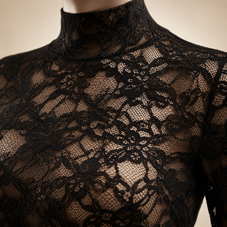 بادی زنانه گیپوردار مشکی آستین بلند یقه ایستاده مدل Noir Lace