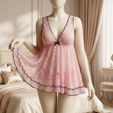 لباس خواب عروسکی زنانه صورتی توری دانتلنما با لبه مشکی مدل Pink Belle Lace