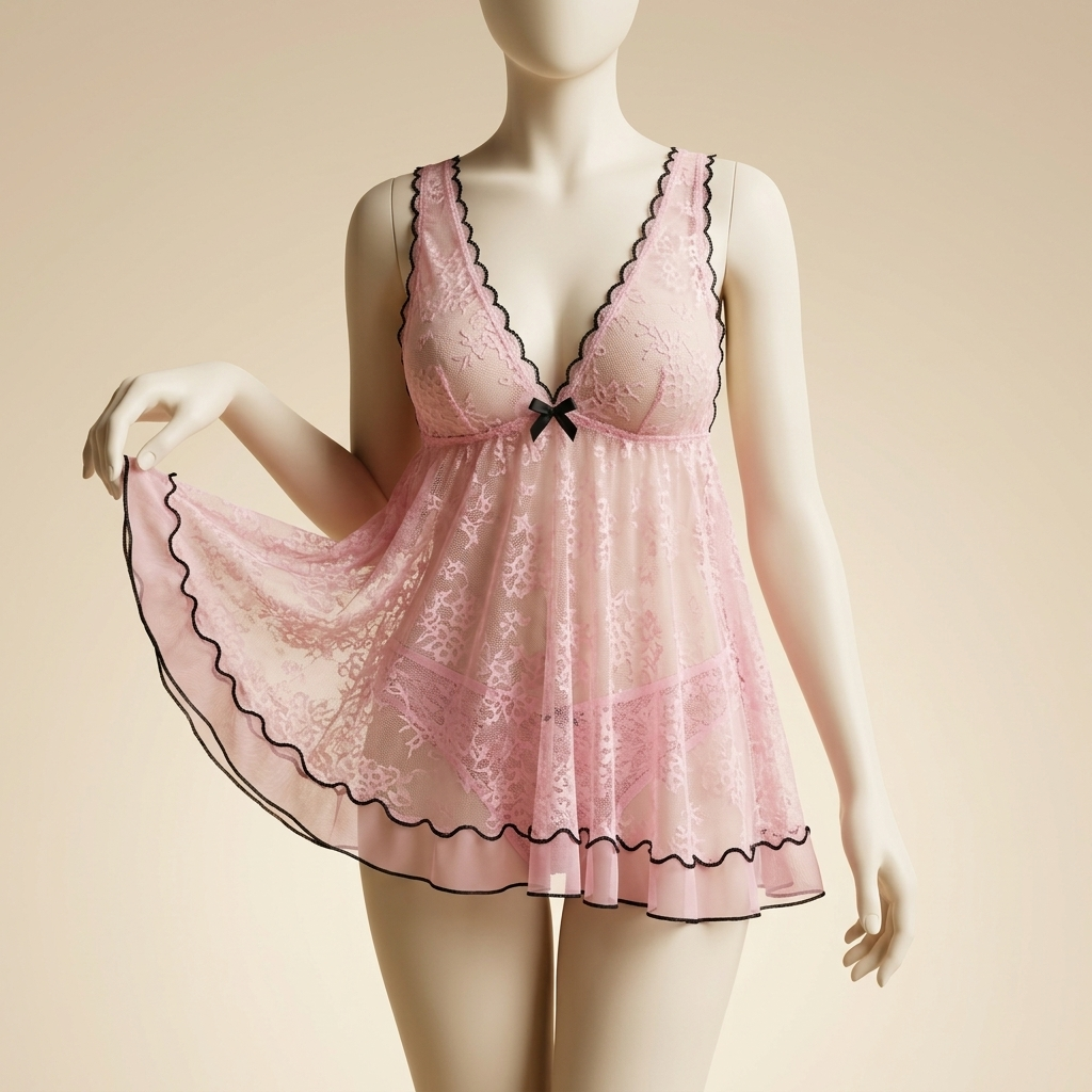 لباس خواب عروسکی زنانه صورتی توری دانتل‌نما با لبه مشکی مدل Pink Belle Lace