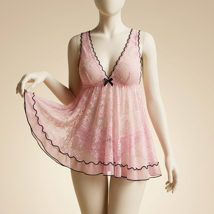لباس خواب عروسکی زنانه صورتی توری دانتلنما با لبه مشکی مدل Pink Belle Lace