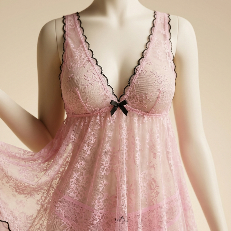 لباس خواب عروسکی زنانه صورتی توری دانتلنما با لبه مشکی مدل Pink Belle Lace