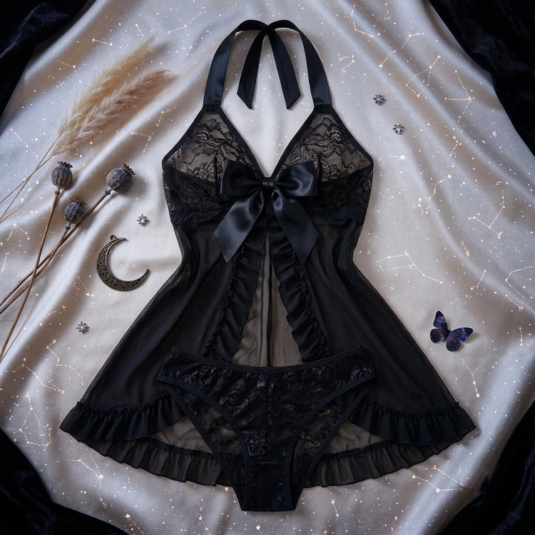 لباس خواب زنانه حریر و گیپور با پاپیون مدل Midnight Bow