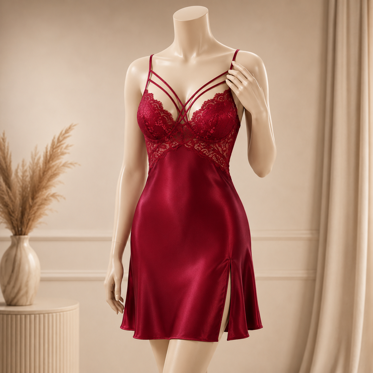 لباس خواب کوتاه زنانه ساتن‌ با دانتل و بند هارنس مدل Satin Harness 5434