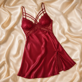 لباس خواب کوتاه زنانه ساتن با دانتل و بند هارنس مدل Satin Harness 5434
