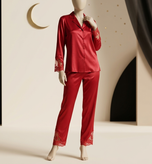 ست لباس خواب زنانه ساتن دانتلدار آستین بلند بند NURTEKS مدل Moon Lace
