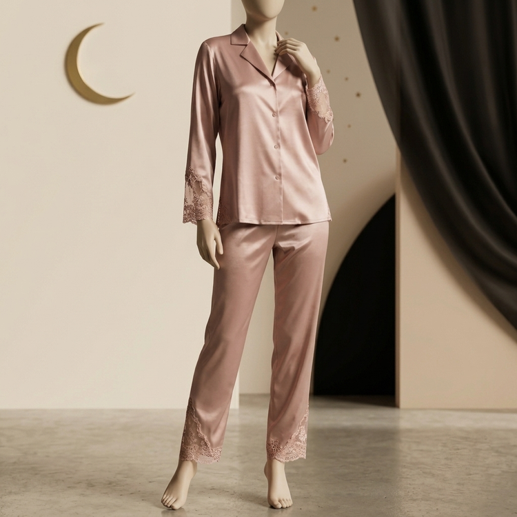 ست لباس خواب زنانه ساتن دانتلدار آستین بلند بند NURTEKS مدل Moon Lace