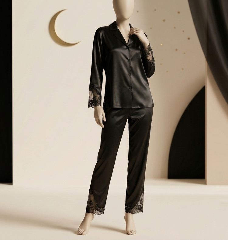 ست لباس خواب زنانه ساتن دانتلدار آستین بلند بند NURTEKS مدل Moon Lace