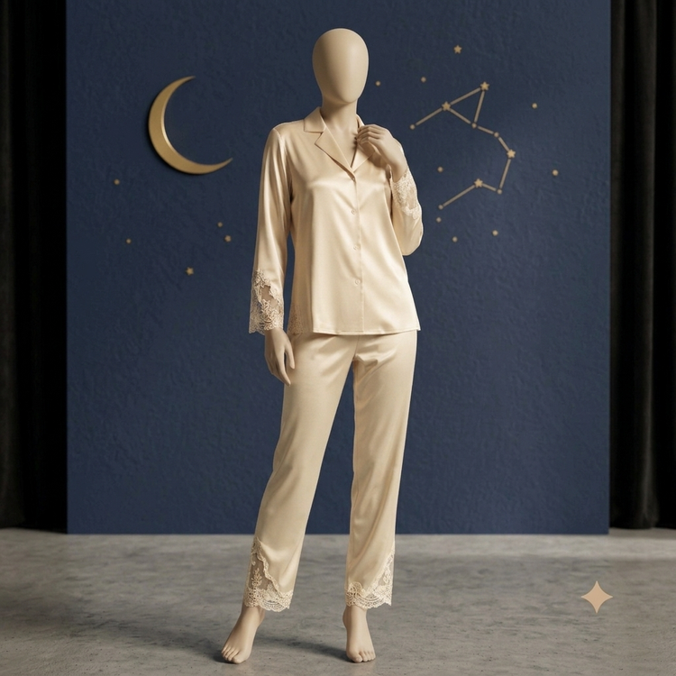 ست لباس خواب زنانه ساتن دانتلدار آستین بلند بند NURTEKS مدل Moon Lace
