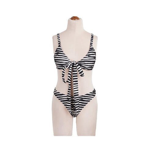 مایو بیکینی دوتکه زنانه طرح راه راه کرم مشکی استرج free size